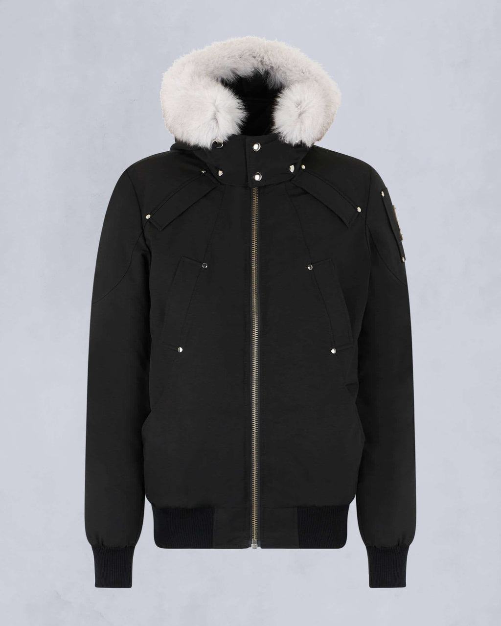 Moose Knuckles Black White Fur-Trim Hooded Bomber Jacket – Cream Fur Hood Contrast Quad Chest Pockets Silver Rivets Ballistic Badge D-Ring Moose Knuckles Outerwear