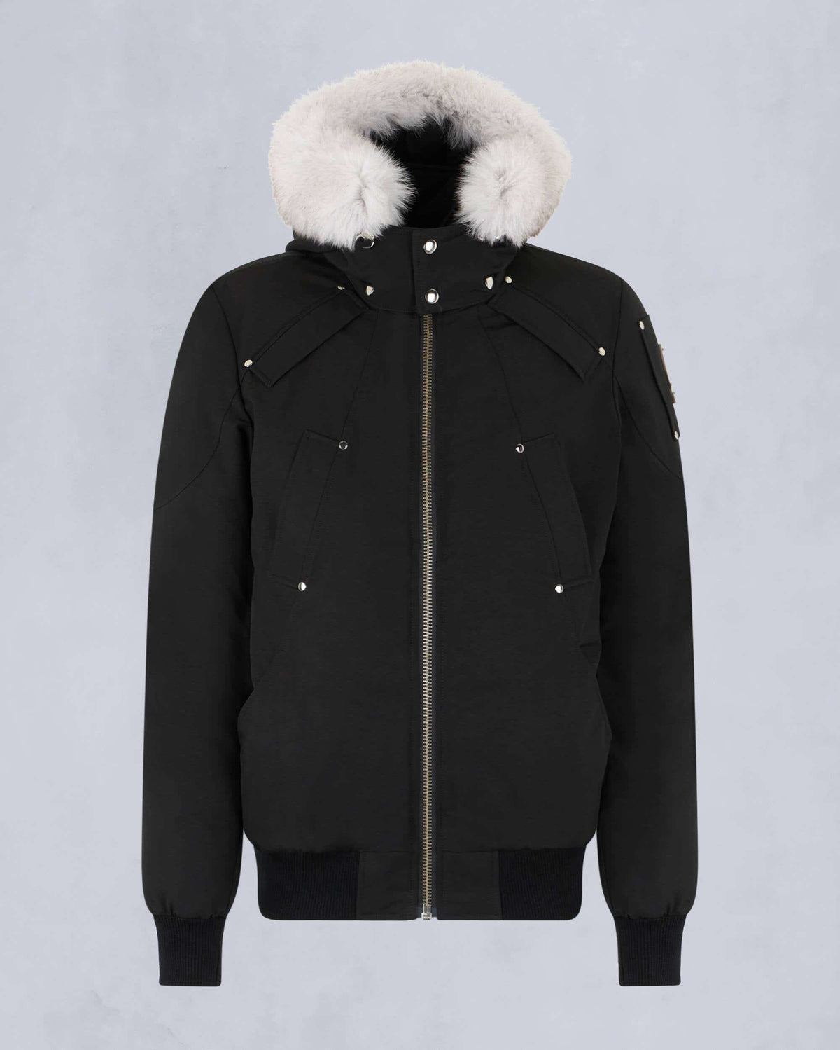 Moose Knuckles Black White Fur-Trim Hooded Bomber Jacket – Cream Fur Hood Contrast Quad Chest Pockets Silver Rivets Ballistic Badge D-Ring Moose Knuckles Outerwear