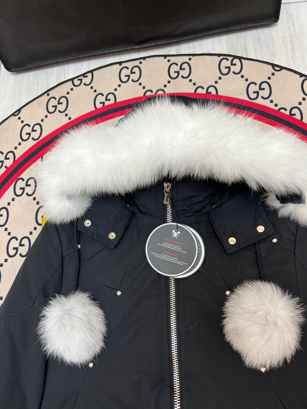 Moose Knuckles Black Fur Pom-Pom Down Bomber – White Fur Hood Crystal Stud Canadian Outerwear