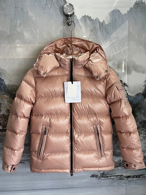 Moncler Rose Gold Iridescent Down Jacket – Metallic Lacquered Shell Integrated Hood Tricolor Arm Badge Comic-Strip Label Moncler Outerwear