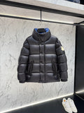 Moncler Black Oversized Down Puffer Jacket – Royal Blue Interior Lining Wide Baffles Stand Collar Snap Placket Arm Badge Moncler Outerwear