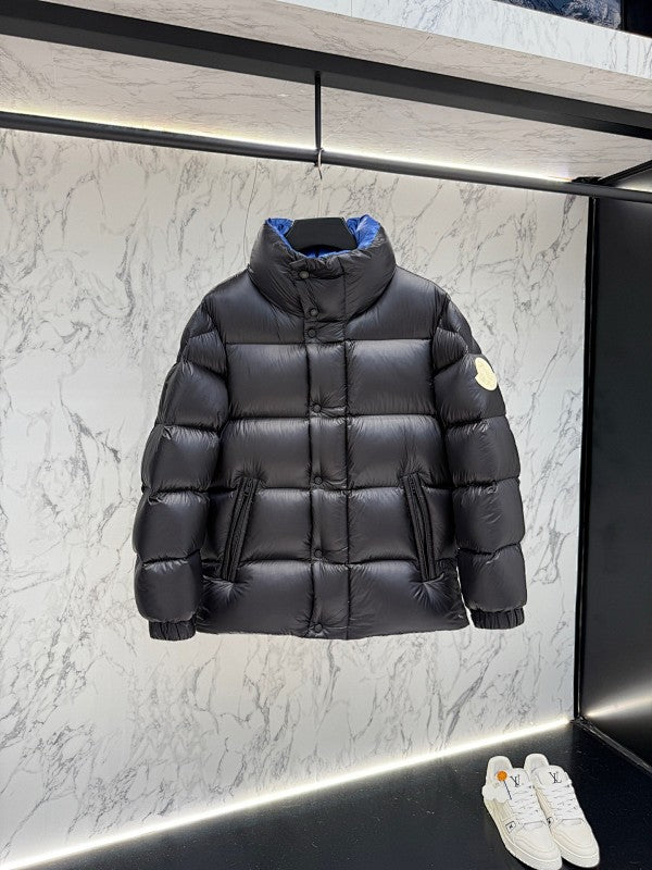 Moncler Black Oversized Down Puffer Jacket – Royal Blue Interior Lining Wide Baffles Stand Collar Snap Placket Arm Badge Moncler Outerwear