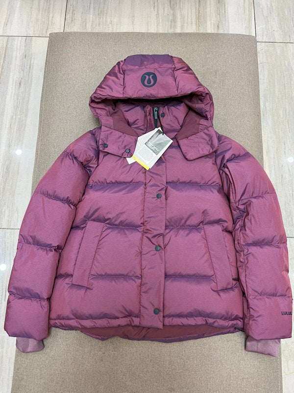 Lululemon Berry Women's Hooded Down Puffer – Iridescent Shell Snap Placket Wide Baffle Ribbed Hem Lululemon Outerwear