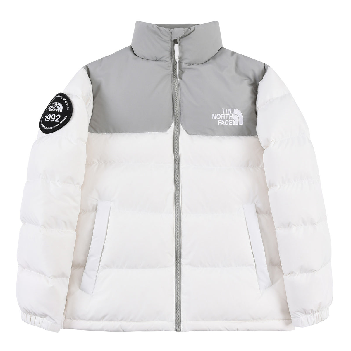 The North Face White Grey 1992 Nuptse 30th Anniversary Down Jacket – 700-Fill White Shell Grey Yoke Colorblock Nuptse Baffle Anniversary Badge TNF Outerwear