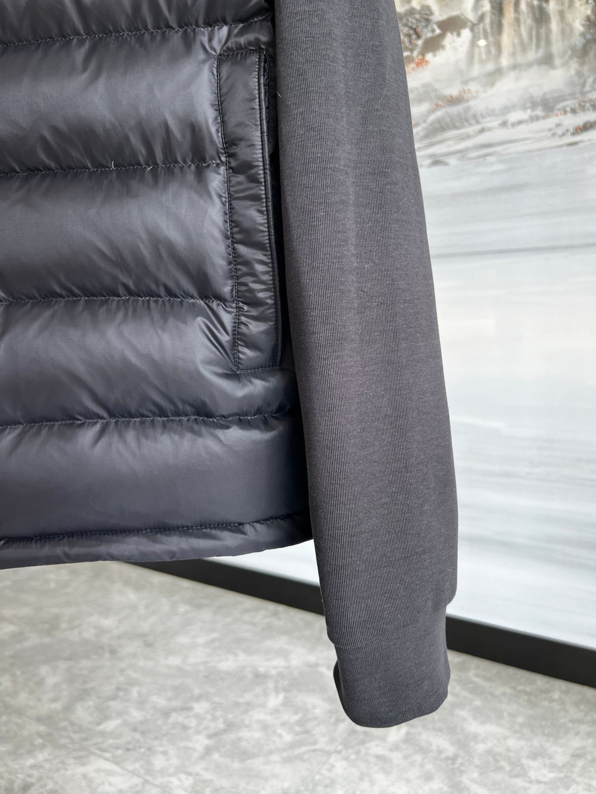 Moncler Black Hybrid Down Hoodie Jacket – Quilted Front Fleece Sleeve Outerwear