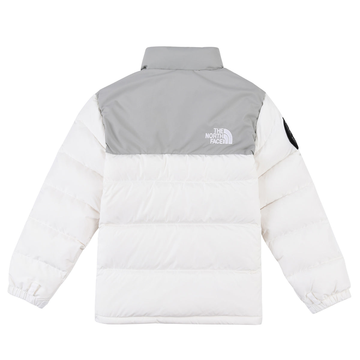 The North Face White Grey 1992 Nuptse 30th Anniversary Down Jacket – 700-Fill White Shell Grey Yoke Colorblock Nuptse Baffle Anniversary Badge TNF Outerwear