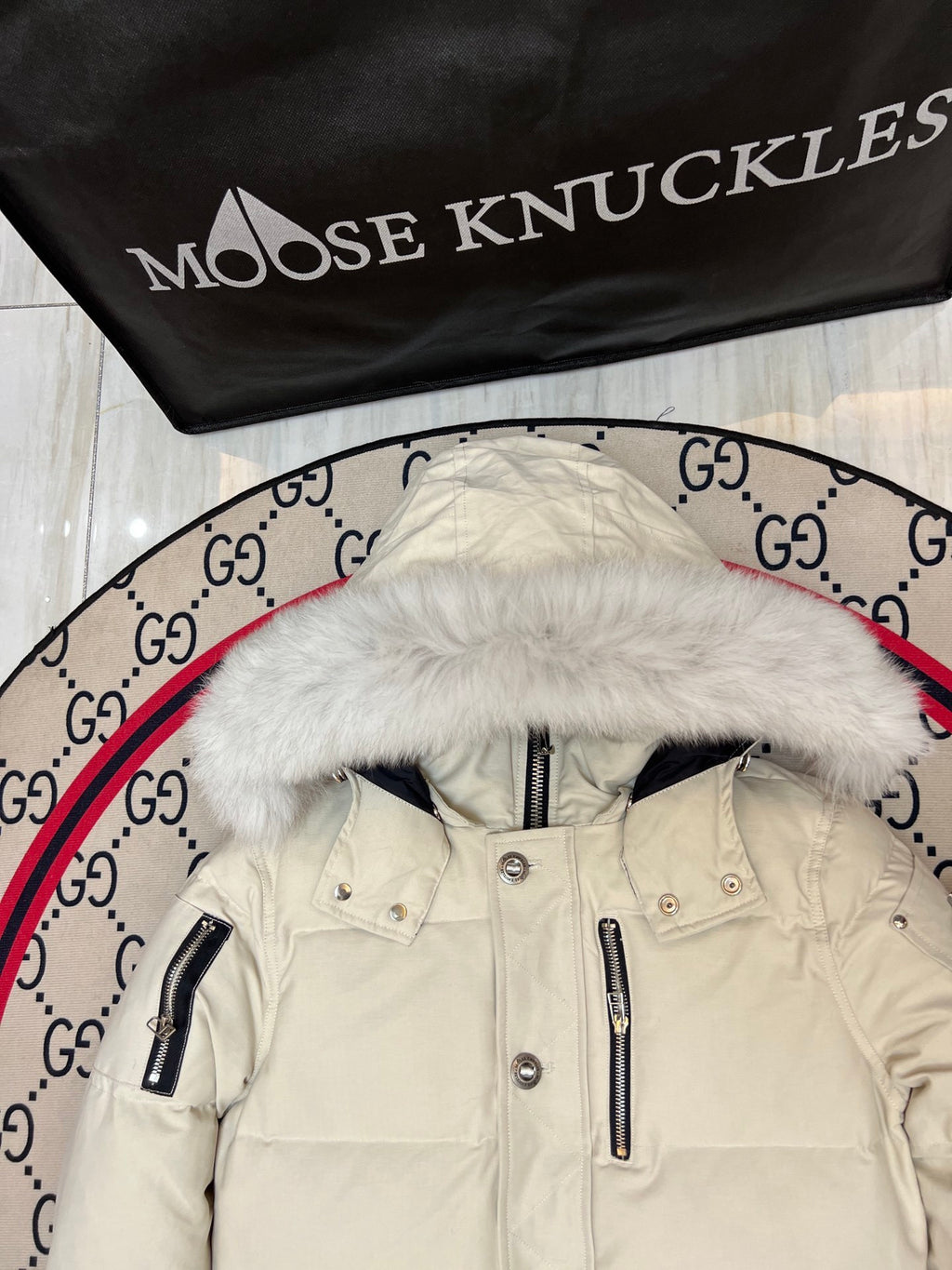 Moose Knuckles Cream Crystal Stud Down Bomber – Tonal Fur Hood Silver Hardware Canadian Outerwear