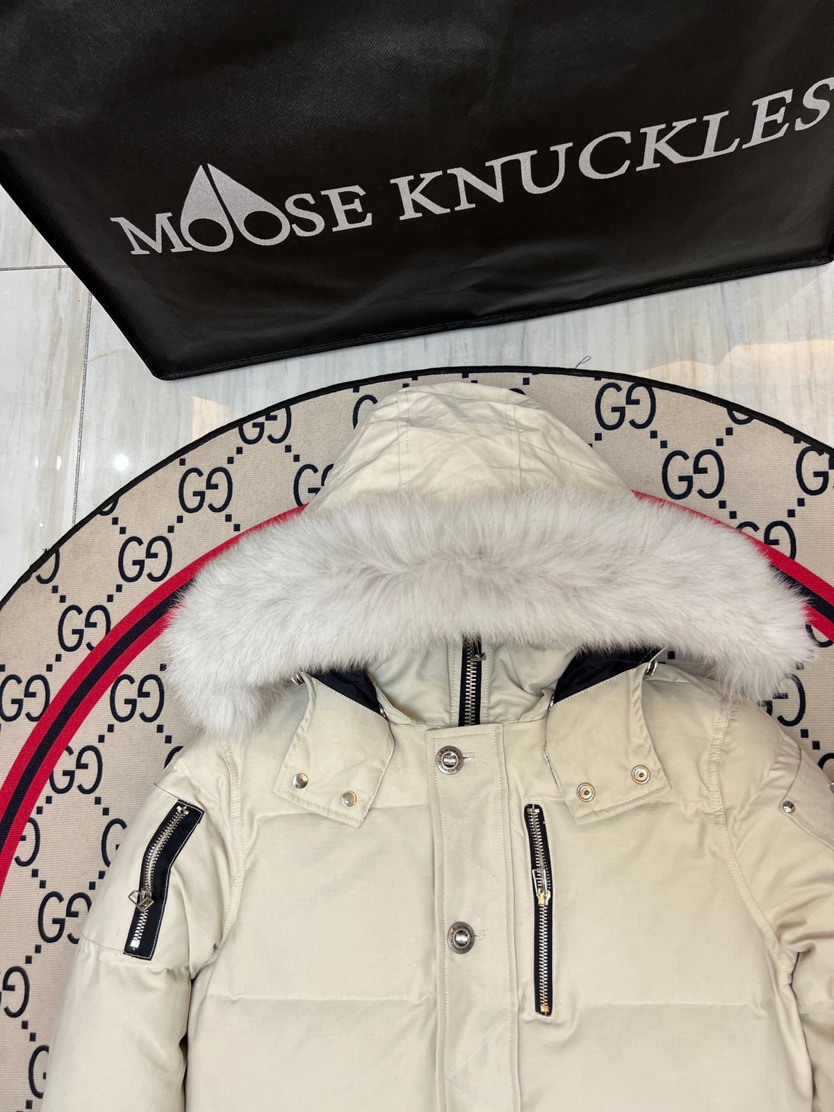 Moose Knuckles Cream Crystal Stud Down Bomber – Tonal Fur Hood Silver Hardware Canadian Outerwear