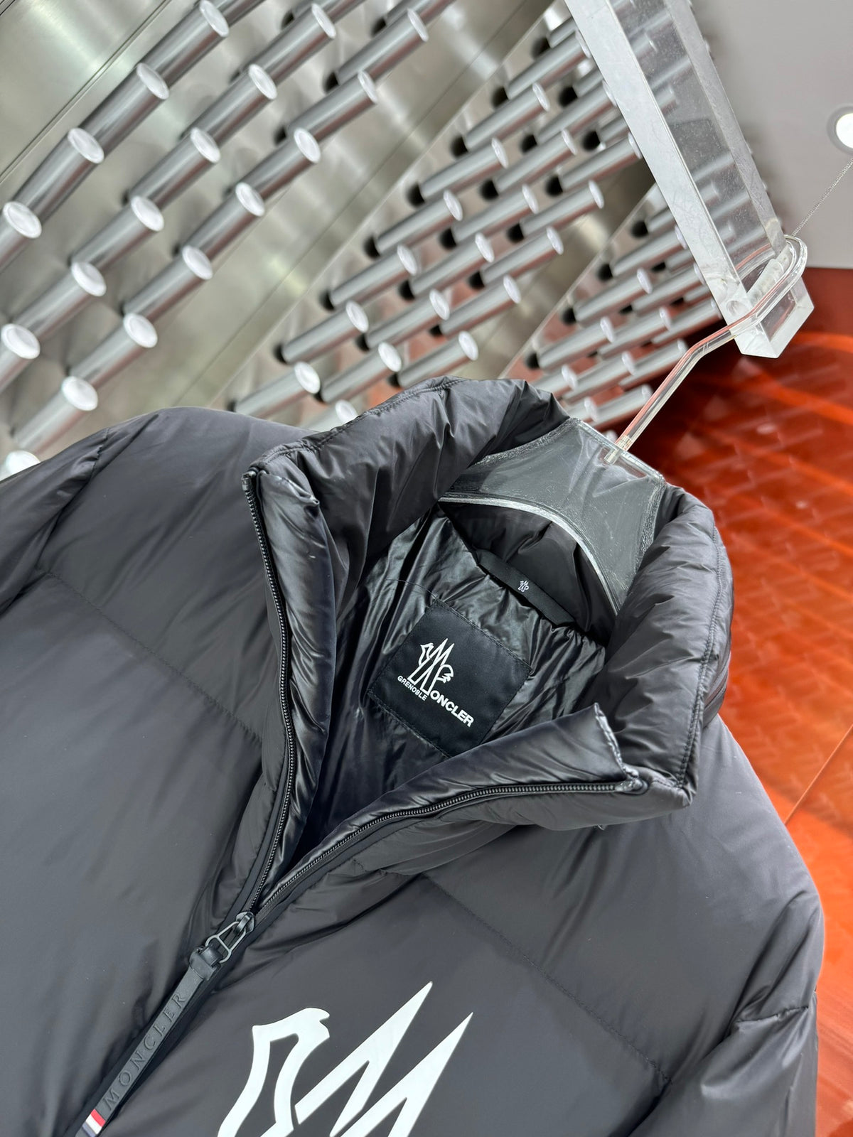 Moncler Grenoble Charcoal Technical Down Jacket – Chest Logo Print #Moncler Sleeve Text Neck Gaiter Stand Collar Strap Cuffs Red Zip Pulls Moncler Ski Outerwear