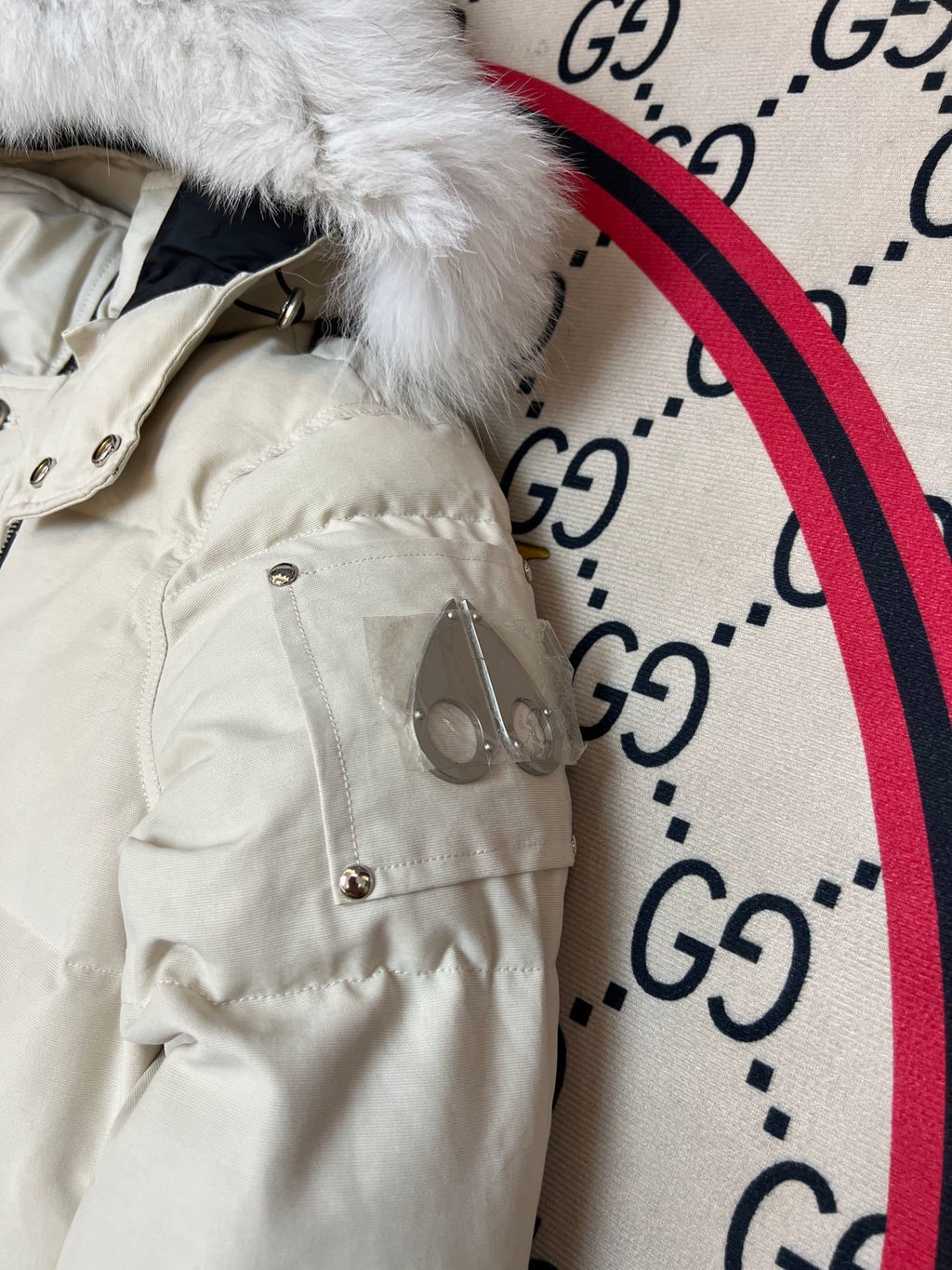 Moose Knuckles Cream Crystal Stud Down Bomber – Tonal Fur Hood Silver Hardware Canadian Outerwear