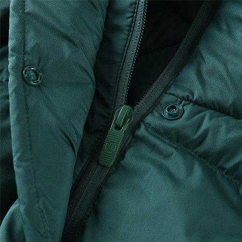Lululemon Forest Green Women's Hooded Down Puffer – Tonal Embossed Logo Snap Placket Wide Baffle Integrated Hood Lululemon Outerwear