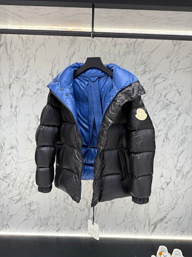 Moncler Black Oversized Down Puffer Jacket – Royal Blue Interior Lining Wide Baffles Stand Collar Snap Placket Arm Badge Moncler Outerwear