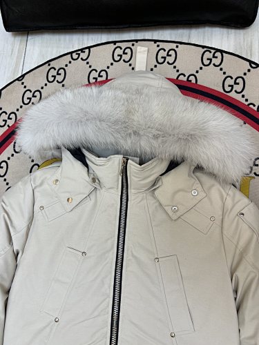 Moose Knuckles Cream Down Bomber Jacket – Tonal Fur Trim Silver Hardware Canadian Outerwear