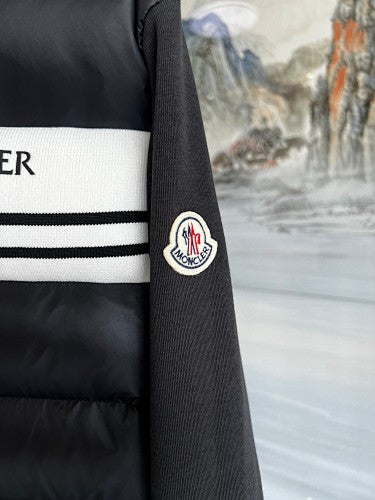 Moncler Black Hybrid Down Hoodie Jacket – Quilted Front Fleece Sleeve Outerwear