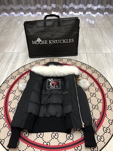 Moose Knuckles Black Fur Pom-Pom Down Bomber – White Fur Hood Crystal Stud Canadian Outerwear