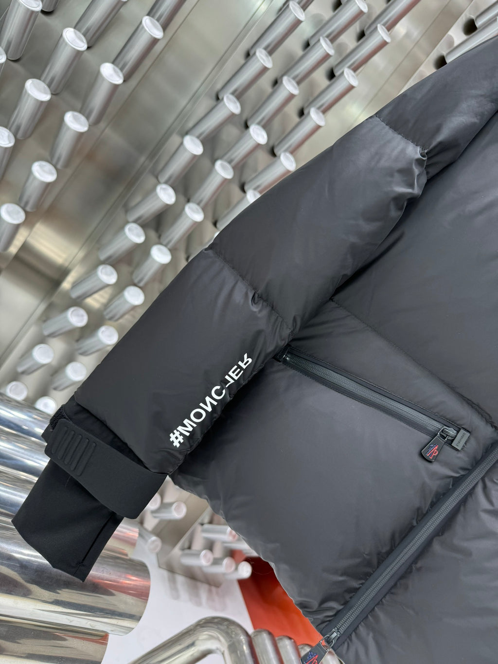 Moncler Grenoble Charcoal Technical Down Jacket – Chest Logo Print #Moncler Sleeve Text Neck Gaiter Stand Collar Strap Cuffs Red Zip Pulls Moncler Ski Outerwear