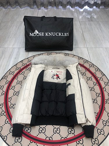 Moose Knuckles Cream Down Bomber Jacket – Tonal Fur Trim Silver Hardware Canadian Outerwear