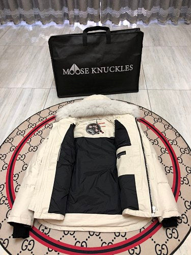 Moose Knuckles Cream Crystal Stud Down Bomber – Tonal Fur Hood Silver Hardware Canadian Outerwear
