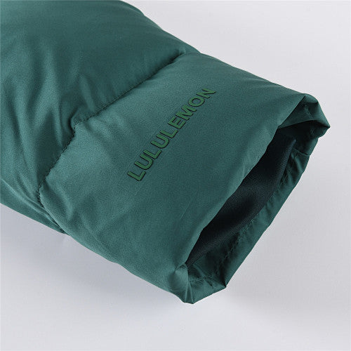Lululemon Forest Green Women's Hooded Down Puffer – Tonal Embossed Logo Snap Placket Wide Baffle Integrated Hood Lululemon Outerwear