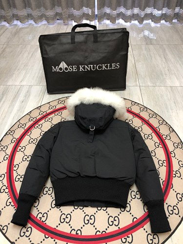 Moose Knuckles Black Fur Pom-Pom Down Bomber – White Fur Hood Crystal Stud Canadian Outerwear