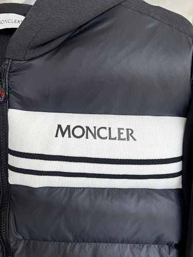 Moncler Black Hybrid Down Hoodie Jacket – Quilted Front Fleece Sleeve Outerwear