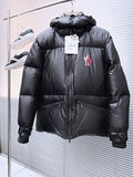 Moncler Matt Black Edition Down Jacket – Graphic Back Logo Print High-Gloss Shell Wide Baffles Oversized Hood Drawstring Waist Strap Cuffs Moncler Outerwear