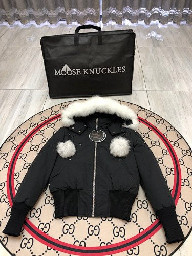 Moose Knuckles Black Fur Pom-Pom Down Bomber – White Fur Hood Crystal Stud Canadian Outerwear