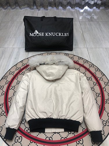 Moose Knuckles Cream Down Bomber Jacket – Tonal Fur Trim Silver Hardware Canadian Outerwear