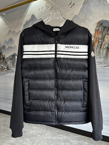 Moncler Black Hybrid Down Hoodie Jacket – Quilted Front Fleece Sleeve Outerwear