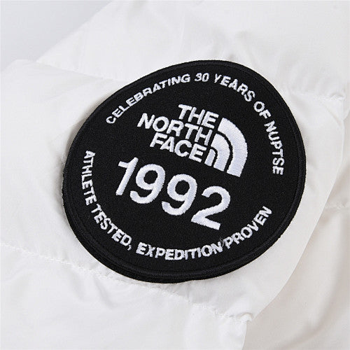 The North Face White Grey 1992 Nuptse 30th Anniversary Down Jacket – 700-Fill White Shell Grey Yoke Colorblock Nuptse Baffle Anniversary Badge TNF Outerwear
