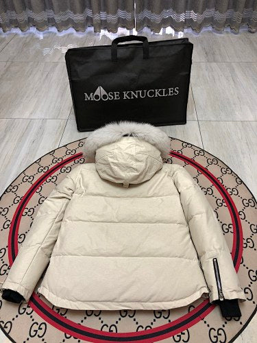 Moose Knuckles Cream Crystal Stud Down Bomber – Tonal Fur Hood Silver Hardware Canadian Outerwear