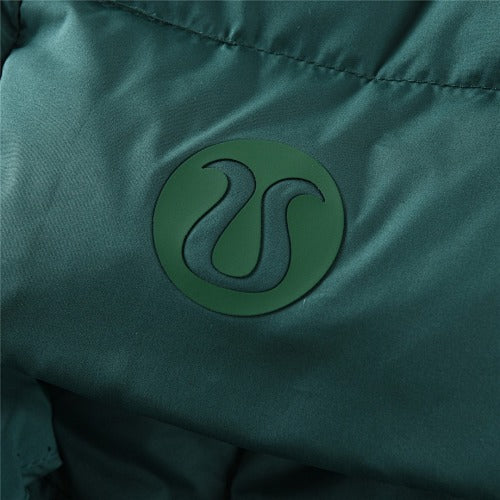 Lululemon Forest Green Women's Hooded Down Puffer – Tonal Embossed Logo Snap Placket Wide Baffle Integrated Hood Lululemon Outerwear
