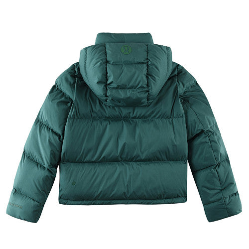 Lululemon Forest Green Women's Hooded Down Puffer – Tonal Embossed Logo Snap Placket Wide Baffle Integrated Hood Lululemon Outerwear