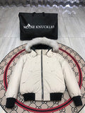 Moose Knuckles Cream Down Bomber Jacket – Tonal Fur Trim Silver Hardware Canadian Outerwear