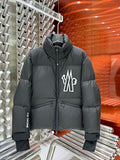 Moncler Grenoble Charcoal Technical Down Jacket – Chest Logo Print #Moncler Sleeve Text Neck Gaiter Stand Collar Strap Cuffs Red Zip Pulls Moncler Ski Outerwear
