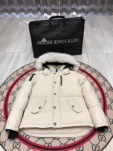 Moose Knuckles Cream Crystal Stud Down Bomber – Tonal Fur Hood Silver Hardware Canadian Outerwear