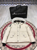 Moose Knuckles Cream Crystal Stud Down Bomber – Tonal Fur Hood Silver Hardware Canadian Outerwear