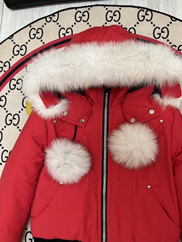 Moose Knuckles Red Fur Pom-Pom Down Bomber – White Fur Hood Gold Hardware Canadian Outerwear