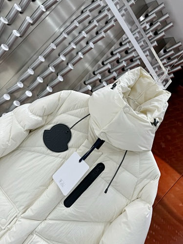 Moncler White Oversized Down Jacket – Black Contrast Badge Diagonal Baffles Funnel Neck Stow Hood Black Interior Lining Moncler Outerwear