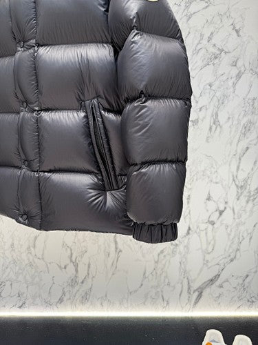 Moncler Black Oversized Down Puffer Jacket – Royal Blue Interior Lining Wide Baffles Stand Collar Snap Placket Arm Badge Moncler Outerwear