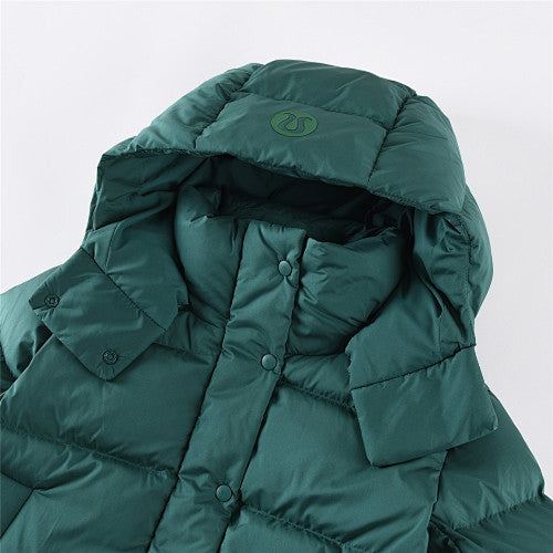 Lululemon Forest Green Women's Hooded Down Puffer – Tonal Embossed Logo Snap Placket Wide Baffle Integrated Hood Lululemon Outerwear