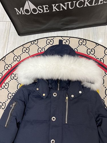 Moose Knuckles Navy Crystal Stud Down Bomber – White Fur Hood Silver Hardware Canadian Outerwear