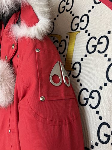 Moose Knuckles Red Fur Pom-Pom Down Bomber – White Fur Hood Gold Hardware Canadian Outerwear