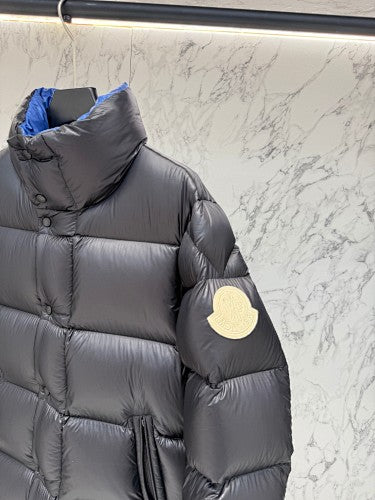 Moncler Black Oversized Down Puffer Jacket – Royal Blue Interior Lining Wide Baffles Stand Collar Snap Placket Arm Badge Moncler Outerwear