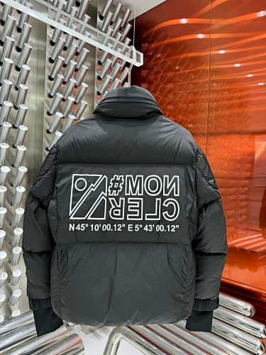 Moncler Grenoble Charcoal Technical Down Jacket – Chest Logo Print #Moncler Sleeve Text Neck Gaiter Stand Collar Strap Cuffs Red Zip Pulls Moncler Ski Outerwear