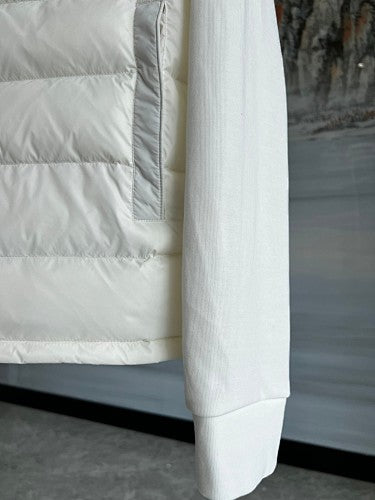 Moncler White Hybrid Down Hoodie Jacket – Quilted Front Fleece Sleeve Outerwear