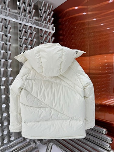 Moncler White Oversized Down Jacket – Black Contrast Badge Diagonal Baffles Funnel Neck Stow Hood Black Interior Lining Moncler Outerwear