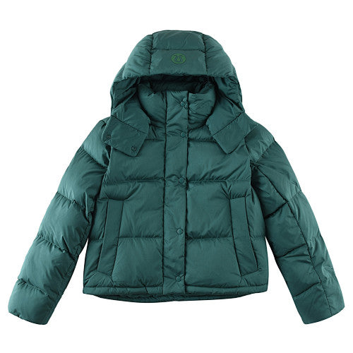 Lululemon Forest Green Women's Hooded Down Puffer – Tonal Embossed Logo Snap Placket Wide Baffle Integrated Hood Lululemon Outerwear