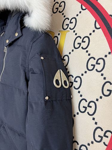 Moose Knuckles Navy Crystal Stud Down Bomber – White Fur Hood Silver Hardware Canadian Outerwear