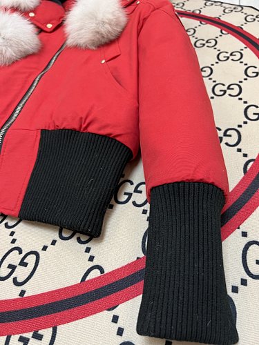 Moose Knuckles Red Fur Pom-Pom Down Bomber – White Fur Hood Gold Hardware Canadian Outerwear